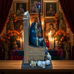 Statue Santa Muerte sur Trône – Artisanale 8 Couleurs