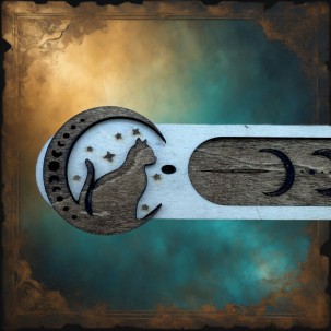 Porta-incienso Gato & Luna artesanal en madera grabada