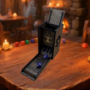 Tour à dés pliante en bois gravé – Tour des Arcanes Sylvestres