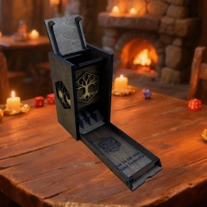 Tour à dés pliante en bois gravé – Tour des Arcanes Sylvestres